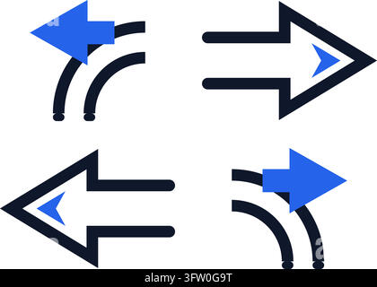 Set of four blue and black vector icons representing directional arrows and curved paths on white background Stock Vector