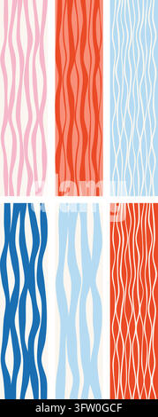 Set of six abstract wavy line pattern swatches in pastel pink, orange, and blue on white background Stock Vector