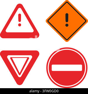 Set of flat vector road traffic warning signs including caution, yield, and no entry symbols on white background Stock Vector
