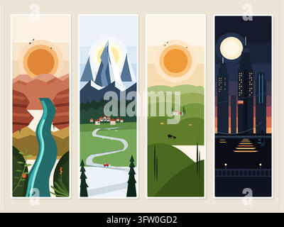 Set of four vertical vector illustrations depicting desert, mountain, countryside, and city night landscapes Stock Vector