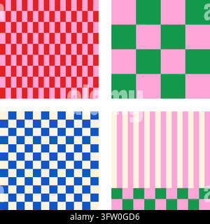 Set of four colorful geometric checkered and striped pattern swatches in red, green, blue, and pink Stock Vector