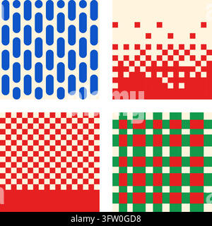 Collection of four abstract geometric patterns featuring blue capsules, red pixels, and checkered grids Stock Vector