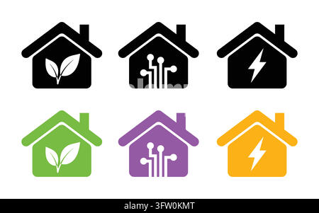 Flat icons vector of green eco houses with leaves, intelligent smart homes with circuit lines, and electric powered buildings with lightning symbols. Stock Vector