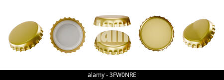 Bottle cap set. Beer lid side view, 3d ring cover for lemonade bottle drink. Empty round and broken bottom. Beverage garbage, label presentation, aluminum gold metallic vector isolated realistic icons Stock Vector