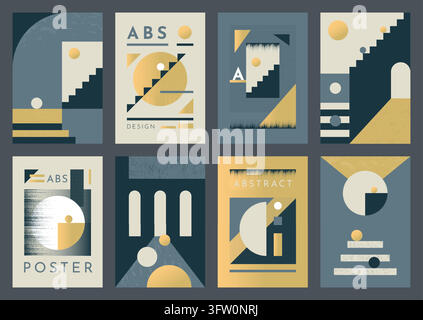 Abstract poster set. Geometric compositions with circles, stairs and textured blocks, modern graphic design. Vertical banner or prints collection. Typography branding identity. Vector minimal set Stock Vector