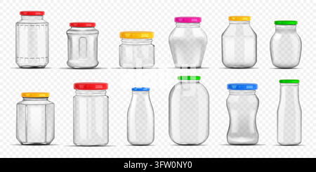 Glass jar. Empty transparent bottle, lid round container package or realistic jam canning food cap. 3d clear metal shape. Assorted packaging, Vector mockup isolated illustration storage elements set Stock Vector
