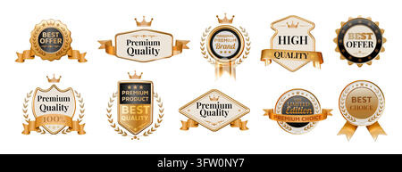 Gold emblem badge. White label, premium award certificate or top star elegant design. Round metallic foil gradient seals, marketing stamps product packaging, official guarantee. Vector isolated design Stock Vector