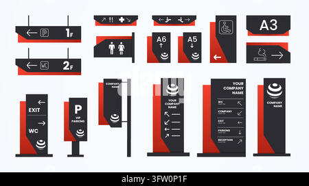 Sign system. Signage wood mockup, parking interior or exterior wall direction. Mall parking display, airport identity. Black and red directional panel Stock Vector