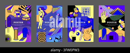 Surreal poster set. Colorful abstract compositions with geometric shapes, hands, stairs, creative cubes and art figures, contemporary graphic design. Vector cartoon flat style isolated illustration Stock Vector