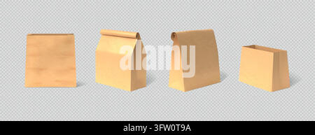 Grocery paper bag. Food brown package, 3d craft box mockup or Kraft bread mock up. Empty lunch packet, takeaway containers for product packing, branding presentation. Vector isolated realistic set Stock Vector