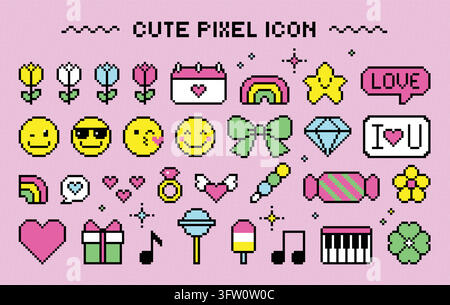 Y2k pixel icons. Cute bit or bubble speech box, line game elements with arrow heart and 90s rainbow frame, retro 8-bit symbols, candy, music and stars. Vector cartoon flat style isolated digital set Stock Vector