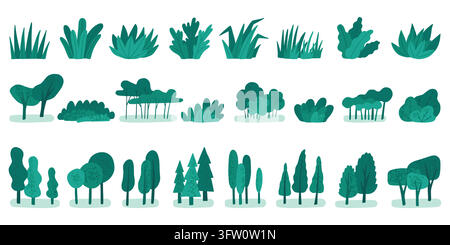Simple tree. Abstract bush landscape, stylized vegetation silhouette or plant shrub grove. Eco forest park environment, green field, nature scenes. Vector design cartoon flat isolated illustration Stock Vector