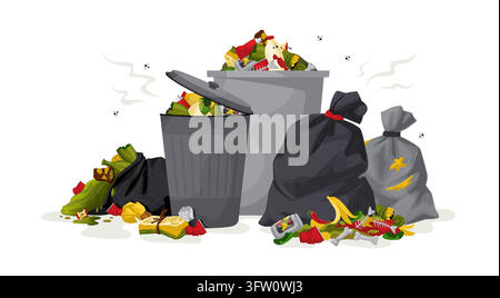 Trash can. Garbage, rubbish waste or dump pile bin. Dirty food bag or dustbin, litter recycle trashcan, household refuse, organic compost. Vector infographic cartoon flat style isolated illustration Stock Vector