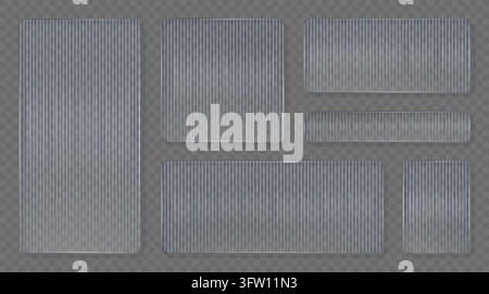 Ribbed frosted glass panel vector set with rounded rectangular translucent cards, fluted striped texture and realistic glossy blur effect, isolated transparent UI overlays for web and app design. Stock Vector