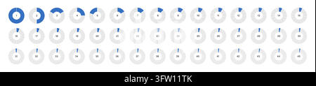 Numbered circular pie chart and donut progress indicator vector set from 1 to 45 with blue highlighted segments, radial infographic rings for percentage, loading, countdown, analytics dashboard. Stock Vector