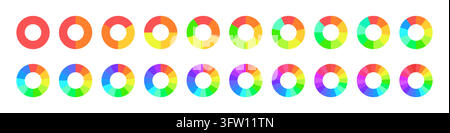 Rainbow circular pie chart and donut wheel vector set with colorful segmented spectrum rings, chromatic infographic diagrams, hue progression palettes and multicolor isolated elements. Stock Vector