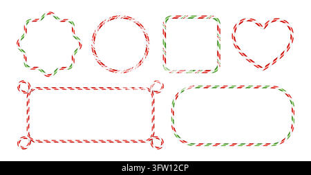 Christmas candy cane vector frames and borders in festive red, white and green stripes, glossy peppermint decorations in heart, circle, square, star and rectangular shapes for holiday greeting cards. Stock Vector
