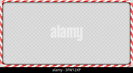 Christmas candy cane rectangular frame with rounded corners, glossy red and white peppermint striped border on transparent background, festive holiday template for greeting card, banner or invitation. Stock Vector