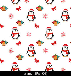 Winter seamless pattern with cute penguin in a hat, bells and bow. Xmas patterns Stock Vector
