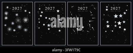 Set of Four 2027 Calendar Templates Featuring Celestial Star Patterns and White Vector Illustrations Against a Dark Night Sky Background Stock Vector