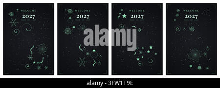 New Year 2027 Vector Illustration Greeting Card Templates Set with Festive Elements on Dark Background Featuring Stars and Snowflakes Stock Vector