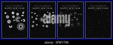 New Year Celebration Vector Illustration with Black and Silver Greeting Cards Featuring Abstract Geometric Patterns and Festive Typography Stock Vector