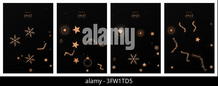 2027 New Year Greeting Card Vector Illustration Set with Golden Festive Elements and Black Backgrounds Featuring Stars and Snowflakes Stock Vector