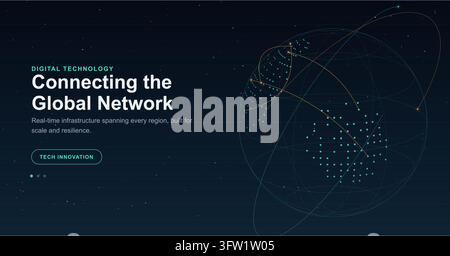 Global Network Digital Technology Vector Banner Featuring a Globe Graphic with Connection Lines and Dark Background with Space for Text Stock Vector