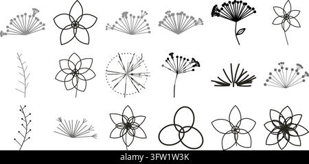 Set of Minimalist Black and Grey Floral Vector Illustrations Featuring Various Flowers and Botanical Elements Isolated on a Plain White Background Stock Vector
