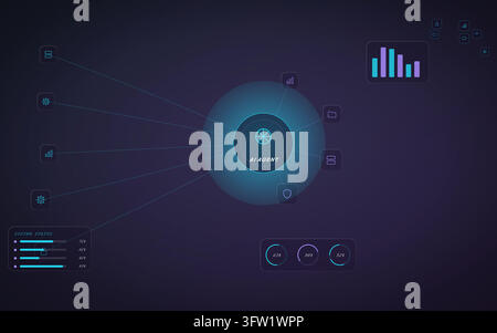 Futuristic AI Agent Vector Illustration Featuring Glowing Blue Data Interfaces and Analytics Charts Connected to a Central Hub on a Dark Background Stock Vector