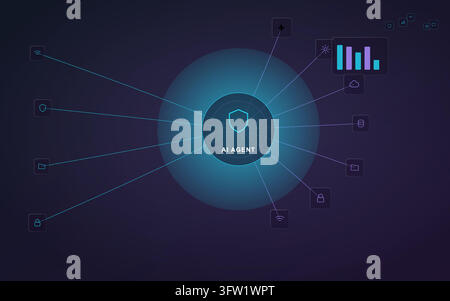 Ai Agent Network Security Vector Illustration on Dark Blue Background Featuring Glowing Shield Icon and Connected Digital Data Icons with Statistics Stock Vector