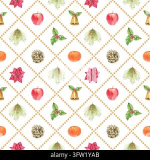 Seamless Christmas watercolor pattern with gold bead diamond lattice, apples, tangerines, bells, holly, pine cones, pine branches and poinsettia. For Stock Photo