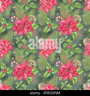 Seamless Christmas watercolor pattern with red poinsettias, pine branches, holly leaves, berries and pine cones on a dark green background. Ideal for Stock Photo