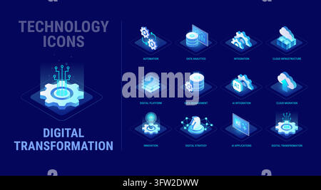 Technology icons set for Digital Transformation workflow diagram - AI, data analytics, business automation, integration, cloud, server, database, digi Stock Vector