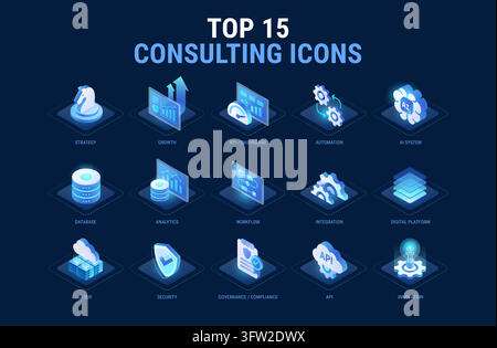 Technology Top Consulting icons set for workflow diagram - AI system, integration, data, automation, analytics, platform, API, security, governance, b Stock Vector