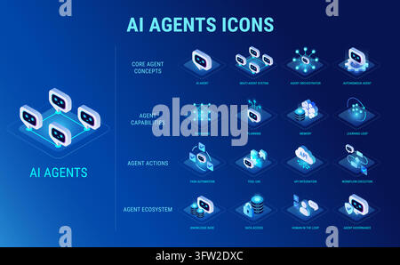 Technology icons set for AI Agents workflow diagram - AI and data, AI agent, multi-agent system, agent actions, ecosystem, data access, orchestration Stock Vector