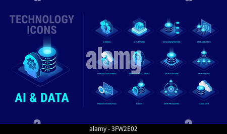 Technology icons set for AI and Data workflow diagram - AI platform, artificial intelligence, predictive data analytics, AI model, data pipeline, arch Stock Vector