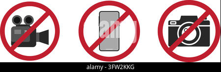Set of red prohibition signs indicating no cameras, phones, or recording devices allowed in restricted public areas. Stock Vector