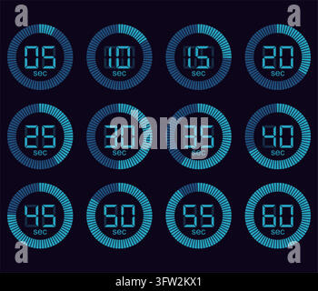 Set of digital blue countdown timer circles measuring seconds from five to sixty for time tracking and measurement. Stock Vector