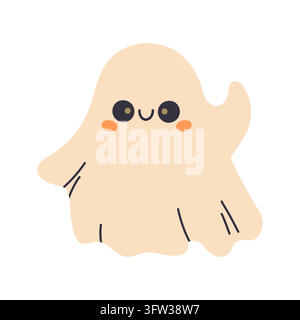 Cute kawaii Halloween ghost with big expressive eyes, rosy cheeks and a friendly smile. Minimal flat vector art, pastel colors and isolated white Stock Vector