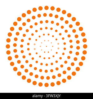 Orange radial halftone dot burst, concentric circles of dots growing larger from the center outward on white, pop art explosion motif Stock Vector
