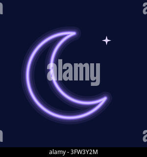 Violet neon crescent moon sign with a soft lunar glow on a dark navy background, vector illustration. Stock Vector