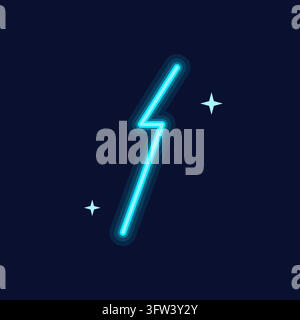 Cyan neon lightning bolt sign with a soft electric glow on a dark navy background, vector illustration. Stock Vector