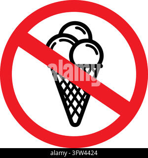 A red prohibition sign with a black outline ice cream cone inside a red prohibition circle on a white background. Stock Vector