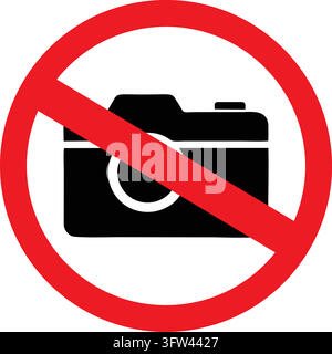 A black camera icon inside a red circle with a diagonal line indicates that photography is not allowed. Stock Vector
