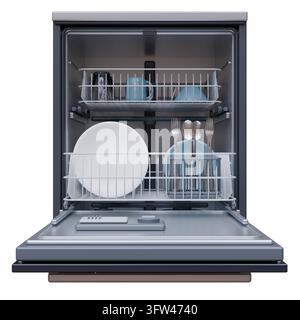 An open door stainless steel dishwasher with plates, cutlery and mugs in wire racks, kitchen appliance isolated on white transparent, 3d render Stock Photo