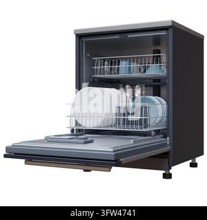 An open door dishwasher with plates, mugs and silver cutlery, kitchen appliance isolated on white transparent, 3d render Stock Photo