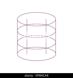 Plum wireframe cylinder with section ellipses and vertical lines, geometric tube outline on white, technical vector illustration Stock Vector