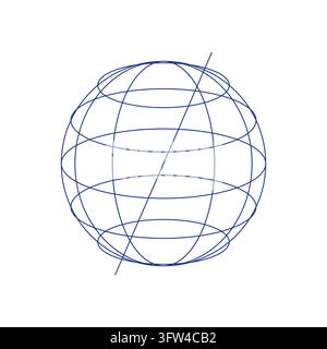 Navy latitude-longitude wireframe globe with tilted axis, geographic grid of parallels and meridians on white, vector line art Stock Vector