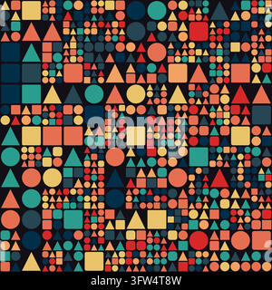 Vibrant mosaic pattern poster with colorful geometric shapes including circles, triangles, and squares on dark background. Stock Vector